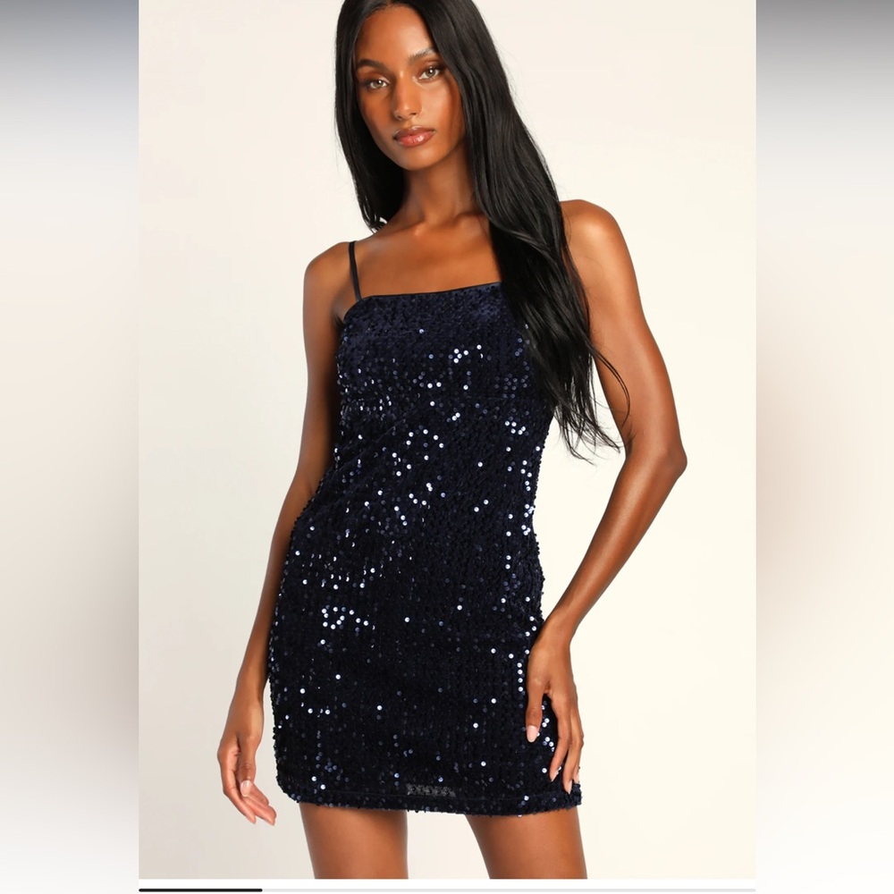 Lulus Sparkling Sophistication Navy Blue Sequin Sleeveless Mini Dress Medium M - Picture 4 of 12